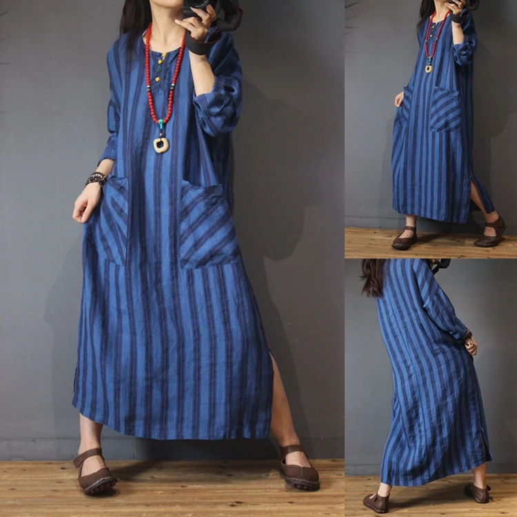 

Spring Autumn Women Casual All-match Ultra Loose Plus Size Vintage Stripe BLue Cotton Linen Dresses