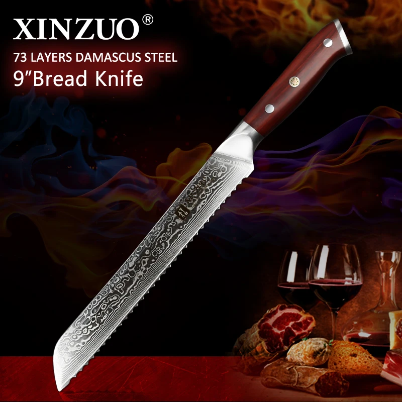 XINZUO 9'' inch Serrated Bread Knife Damascus Steel Rosewood Handle Kitchen Knives Brand High Quality Cake knife Cooking Tools