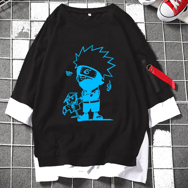 Модные светящиеся аниме Hokage Hatake Kakashi ярусные футболки с коротким рукавом Повседневная Свободная футболка на молнии Летний Уличная Топ хип-хоп - Цвет: Black Luminous Logo