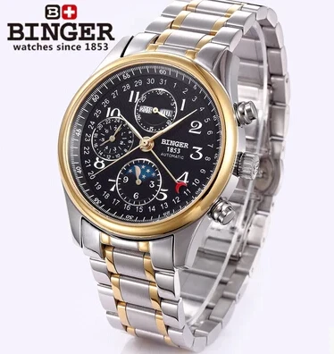 2016 New Trendy gold Luxury Fashion Wristwatches men watch sports Brand Binger Automatic Stainless steel Men