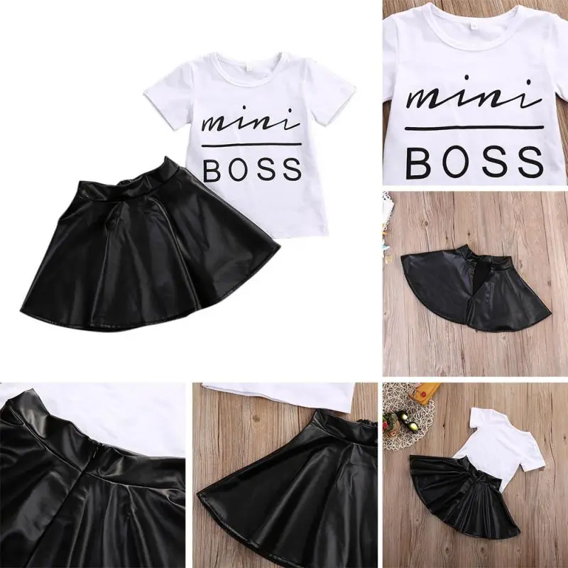 Mini Boss/Одежда для маленьких девочек Летняя футболка с короткими рукавами Топы+ кожаная юбка одежда для девочек, костюм комплект одежды для маленьких девочек