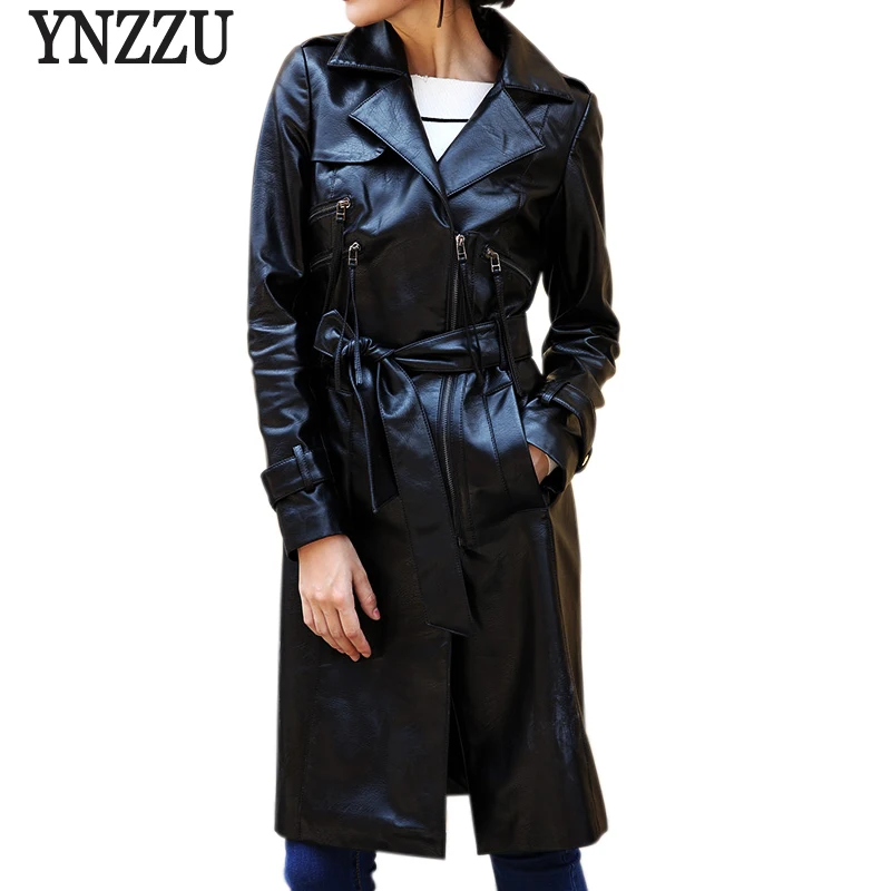 

YNZZU 2018 Autumn Women Faux Leather Jacket Solid Vintage Long Sleeve Slim Long Coat Zipper Motorcycle PU Jacket with Belt YO550