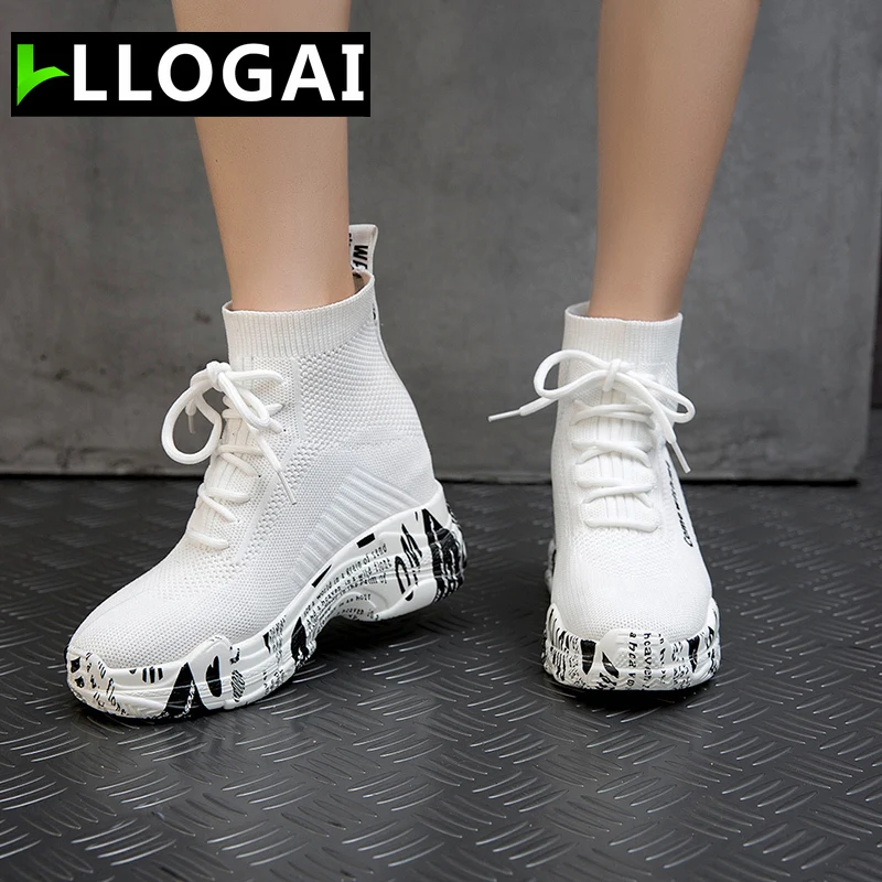 

2019New Women High Help Shoes Autumn Breathable Mesh Lace Up Vulcanized Shoes Comfortable Round Head Sneakers Ladies Socks Shoes