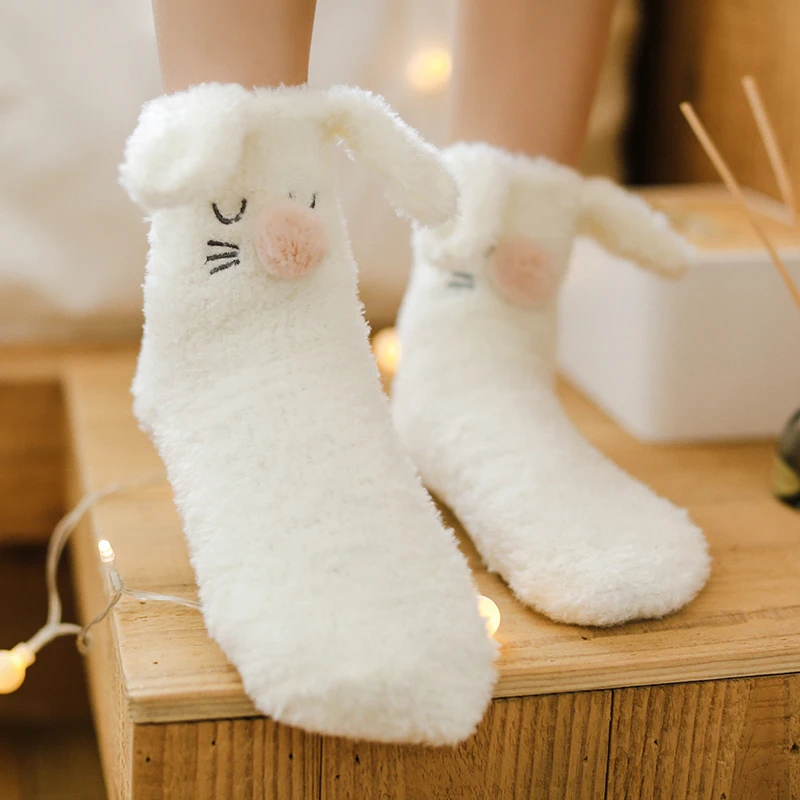 Толстые коралловые бархатные милые Мультяшные женские носки, модные домашние носки-тапочки с ушками кролика и лося, осенне-зимние теплые носки для сна