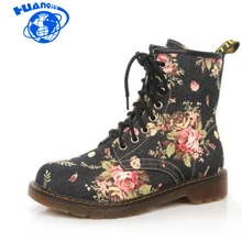 HUANQIU/Модная Осенняя красивая обувь с цветочным принтом размера плюс; женские мотоциклетные ковбойские ботильоны на плоской подошве на шнуровке; Wyq167
