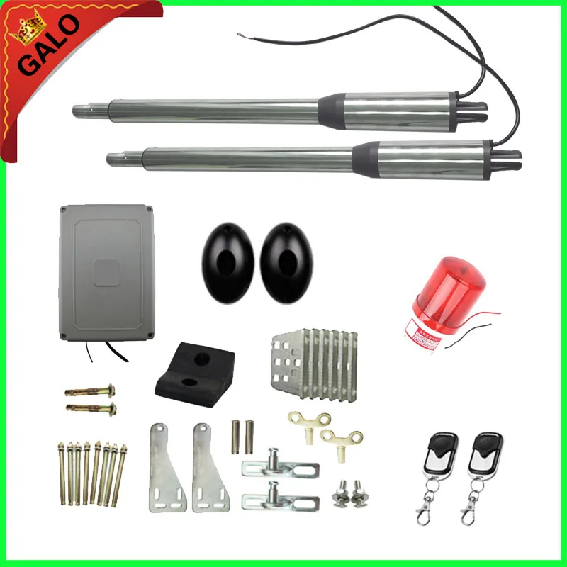 

Galo Dual Auto Electric Swing Gate Opener Swing Electric Gate motor arms with 2 remote controls 1 photocell 1 flashing lamp