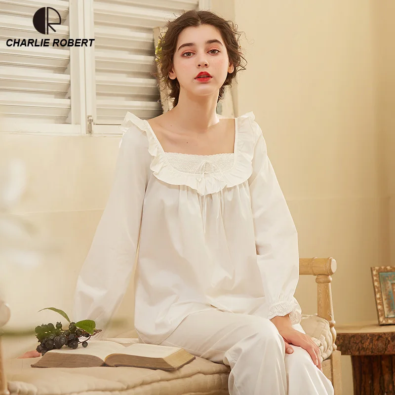 

Noble Sleepwear Cotton Pajamas Elegant Sleepwear Vintage Long Sleeve White Suits Home Clothes For Women