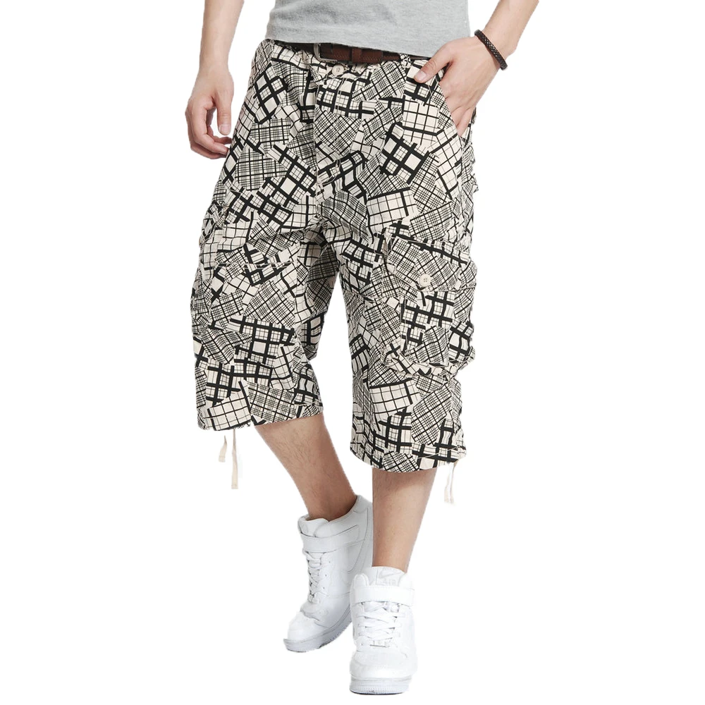 

Stylish Men Casual Cropped Pants Gray Beige Yellow Small Plaid Pattern Crop Trousers Male Fashion Print Calf Length Cargo Pant