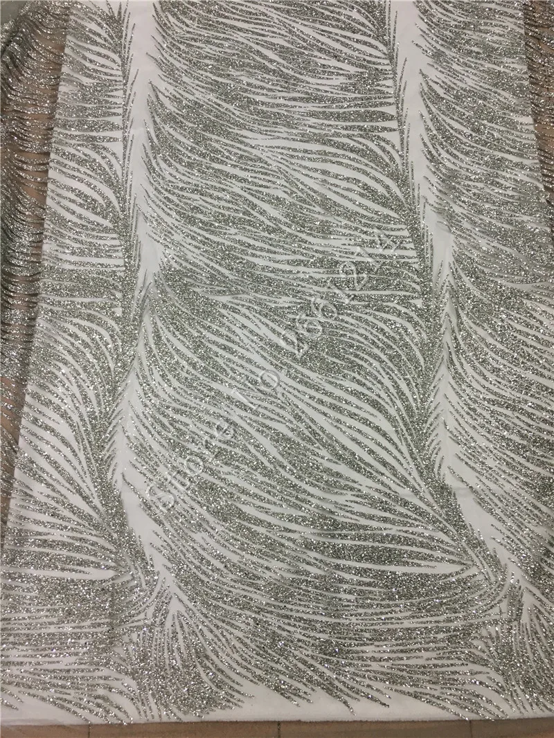

5yards /lot stock BZL-72706 glued glitter tulle mesh lace fabric for wedding dress in silver color