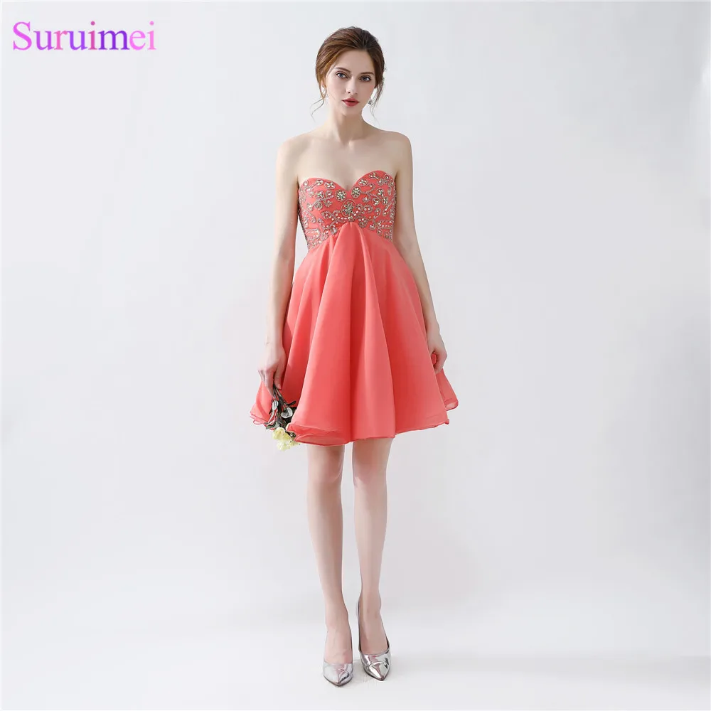 Short Coral Prom Dresses Chiffon Beaded 