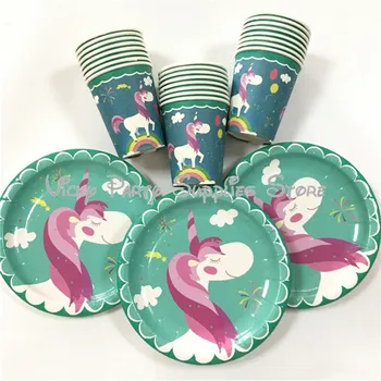 

48pcs/lot Cartoon Green Rainbow Unicorn Party Disposable Cup Plate Set Birthday Wedding Baby Shower Party TablewareSupplies