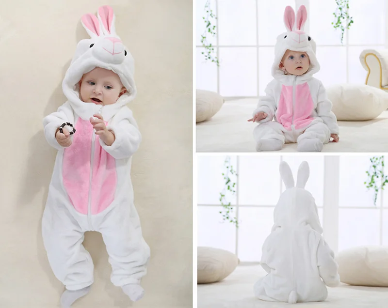 Милый детский теплый фланелевый комбинезон на молнии с капюшоном и кроликом для маленьких мальчиков и девочек; Мягкий комбинезон с кроликом; костюмы для малышей; зимняя одежда для малышей
