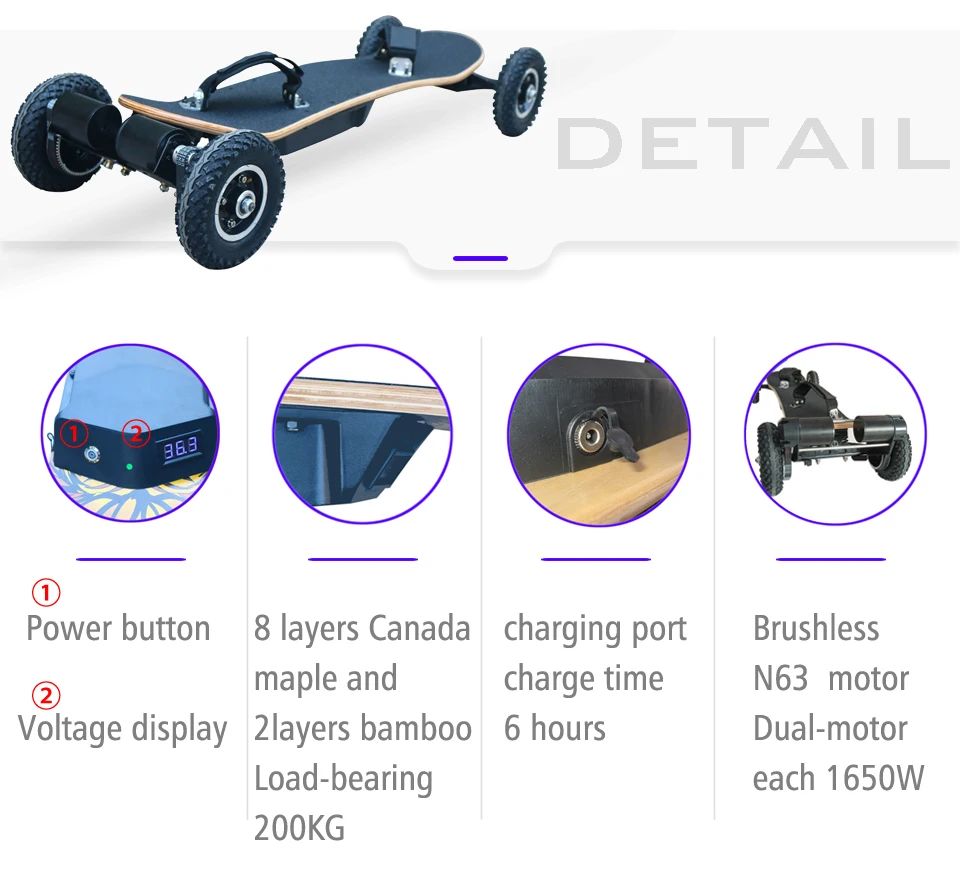4 Wheels Electric Skateboard Mountain Board Off Road Skateboard 36V Lithium Battery 2 Layers Bamboo And 8 Layers Maples 11000mAh (4)