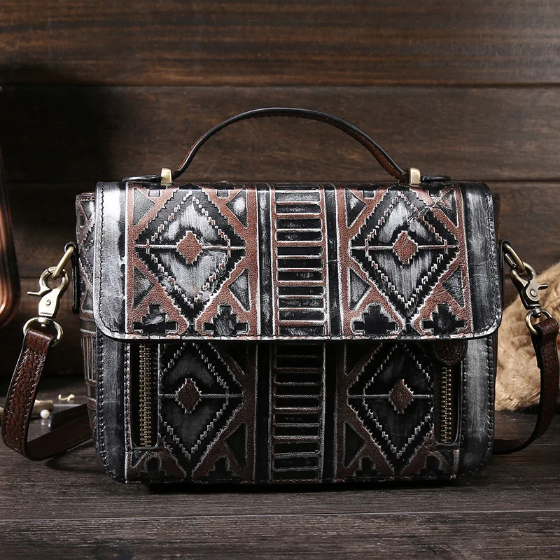 Aboriginal Style Vintage Women Cow Genuine Leather Bags Embossed Flap