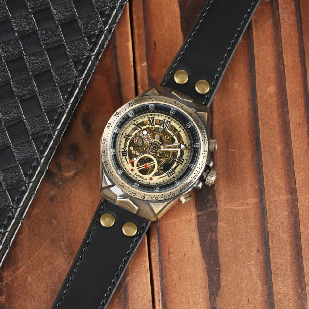 

Men Watch Mechanical Watch Automatic Self Wind Tevise Wristwatch Steampunk Top Brand Luxury Clock Men Leather Strap reloj hombre