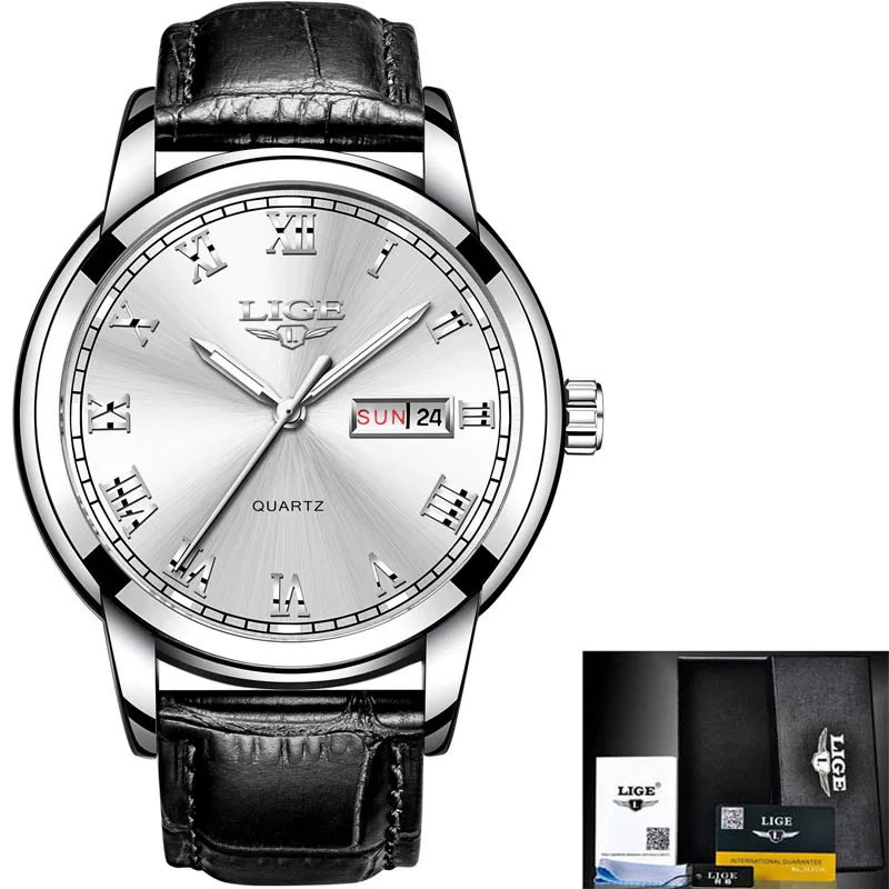 Новые модные повседневные водонепроницаемые кварцевые часы от бренда LIGE, мужские военные кожаные спортивные часы, мужские часы, мужские часы - Цвет: silver white leather