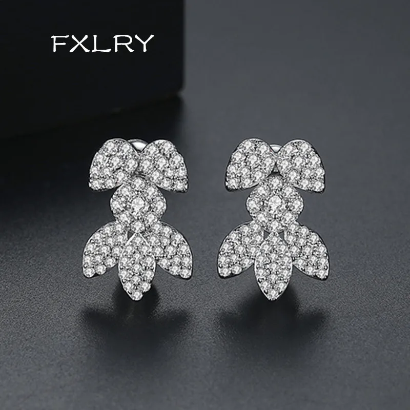 FXLRY Элегантный белый цвет микро инкрустированные циркониевые листья и цветок серьги гвоздики для женщин Свадебные модные ювелирные изделия