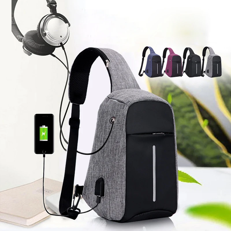 Hengreda Men Sling Chest Bag With Earphone Hole One Shoulder Bag