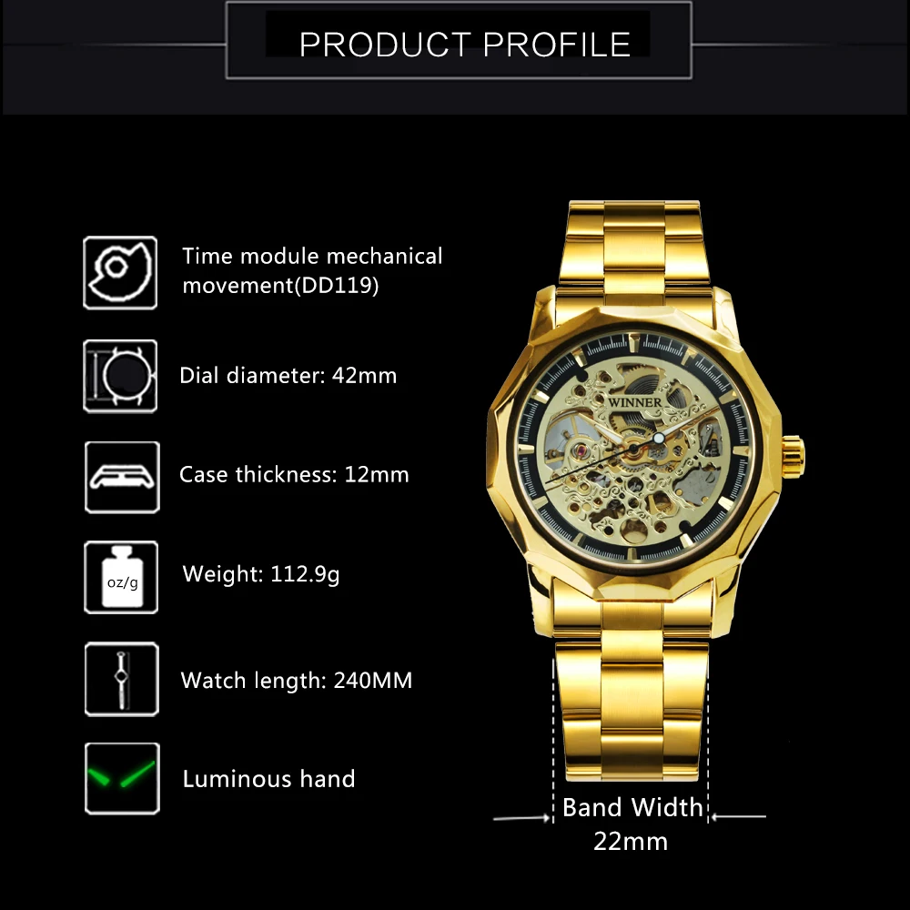 Gold Skeleton Watch for Men Mechanical Mens Watches Top Brand Luxury 2021 Automatic Wristwatches Steel Strap Casual часы мужские