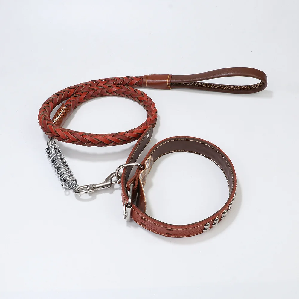 Cowhide Woven Neckband Dog Collars Plus Spring Dog Leads Harnesses Large Dogs Chain Traction