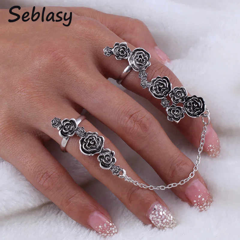 

Seblasy Vintage Bohemia Turkish Carved Metal Rose Flowers Anel Midi Ring Sets For Women Linked Chain Kunekle Rings Party Jewelry