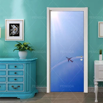 

Door Stickers PVC Poster Self Adhesive Plane Sky Scenery Home Decor 3D Canvas Print Waterproof Wallpaper Living Room Art Picture