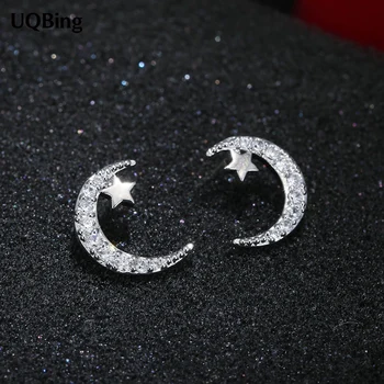 

100% 925 Sterling Silver Jewelry Cubic Zirconia Crystal Moon Star Earrings Pure 925 Silver Earrings Brincos Pendientes de plata