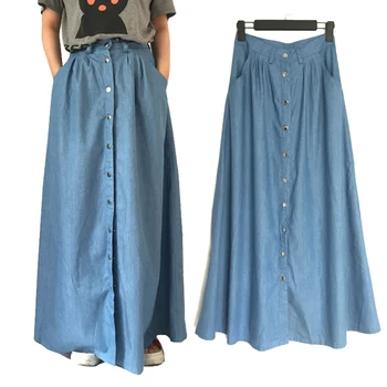 

2018 Simple Vintag Cotton Thin Female Denim Long Skirt / European and American Street split high waist Jeans maxi skirts womens