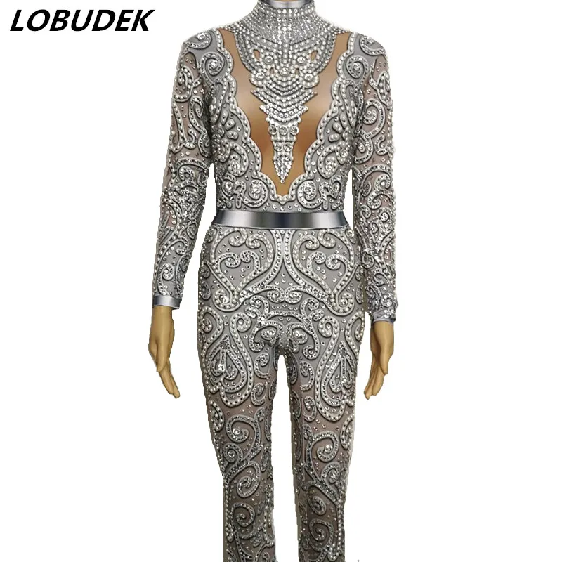 

Sparkly Glass Stones Pearl Jumpsuit Sexy Skinny Silver Gray Rhinestones Bodysuit Lady DJ Bar Singer Catwalk Party Stage Costume