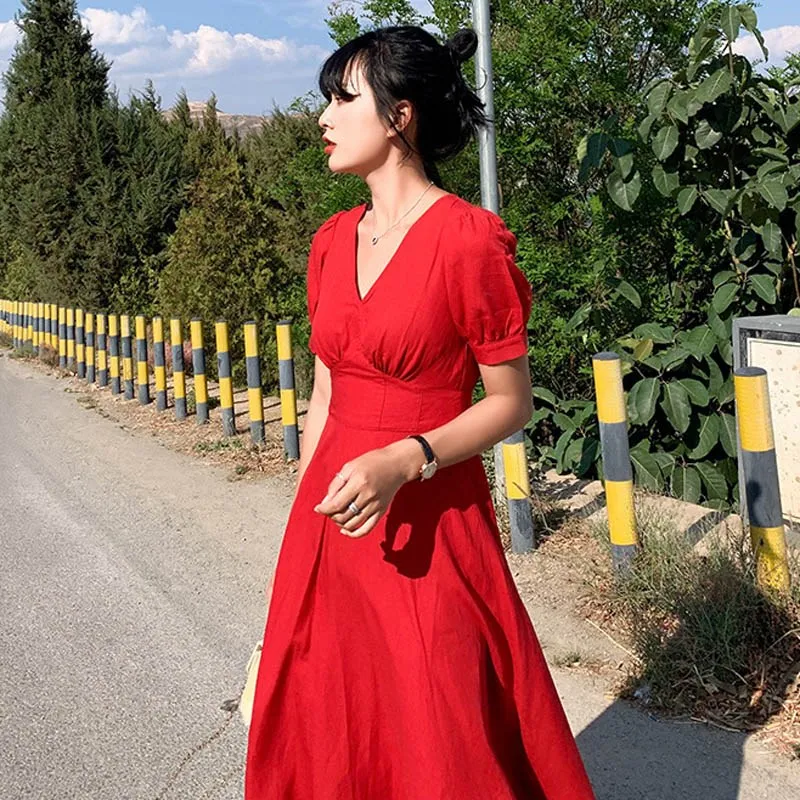

Fashion 2019 Summer Women High Waist Casual Dress Cotton Linen Puff Sleeve Holiday Dress Beach Solid V-Neck Maxi Dress