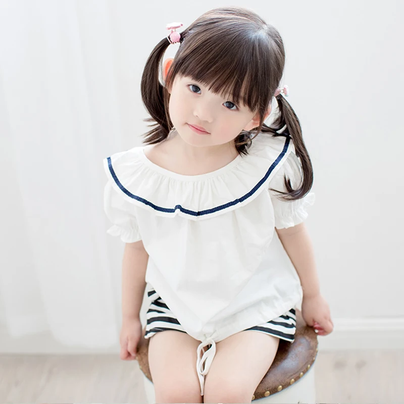 

On Sale Baby Girls Clothes set 2 PcsSummer love Kids clothing set White tops shirts + Pants Stripes Shorts whole suits outfits