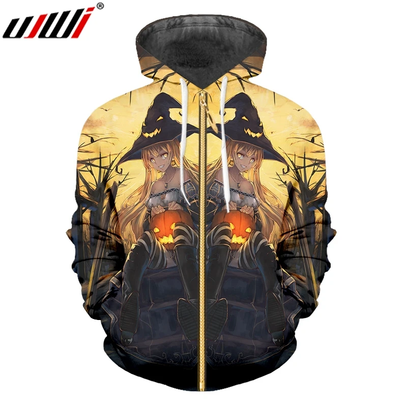 

UJWI Halloween New Man Anime Zip Hoodies 3D Printed Doll And Flame Pumpkin Best Selling Personality Loose Men's Coat