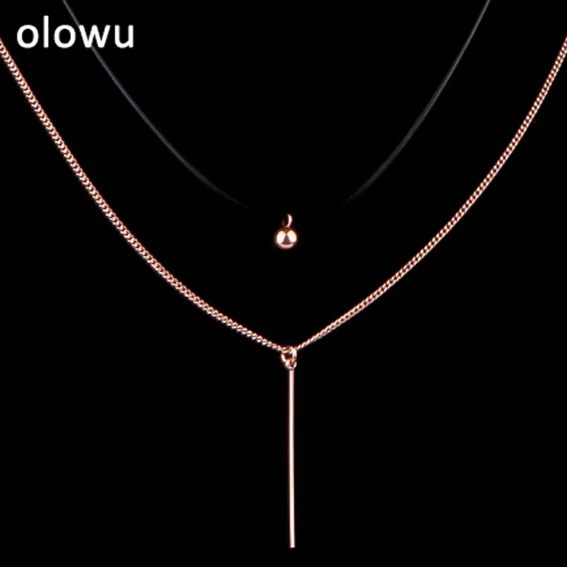 

olowu Women Stainless Steel Jewelry Necklace Rose Gold Leather Multi Layered Long Pendant Necklace Ladies Fashion Necklaces