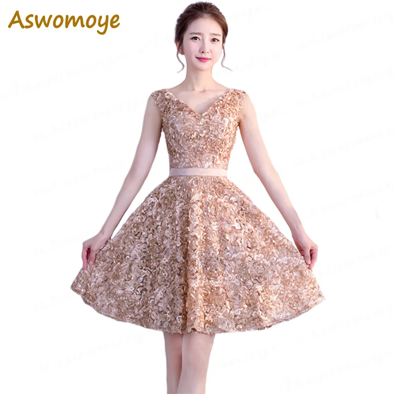

Aswomoye Elegant Short Evening Dress 2018 New Banquet Red Carpet Prom Dresses Soft Material Party Dress V-Neck robe de soiree