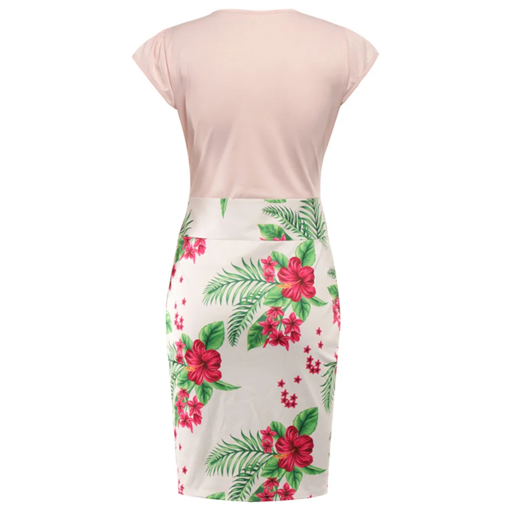 Модное женское летнее платье, сексуальное с круглым вырезом, с коротким рукавом, с цветочным принтом, ягодицы, платья с высокой талией, бодикон, пэчворк, халаты