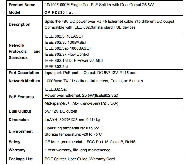 Сплиттер POE 10/100/1000 M с двойным выходом DC 5 V/12 V. Совместимость с IEEE802.3at (24 Вт)