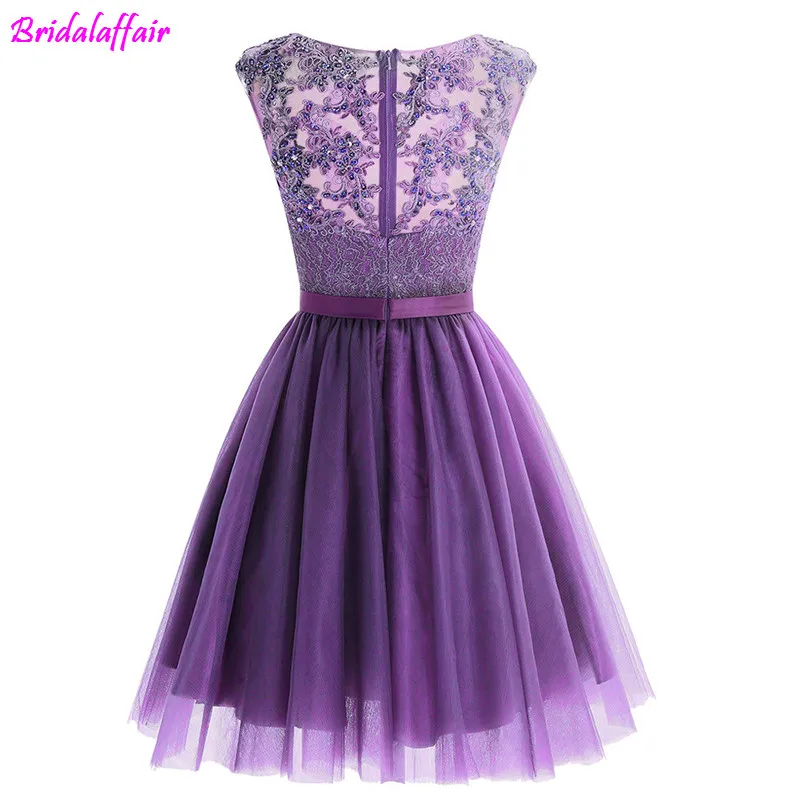 Affordable V-Neck Purple Cocktail Party Gown with Beaded Appliques and Zipper Back - Perfect for Prom and Galas image 2