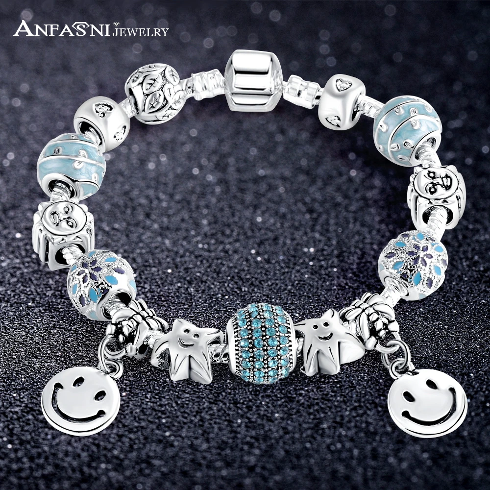 

ANFASNI New Blue Round Crystal and Smiling face Charm Bracelets For Women Lady Fashion Bracelets Jewelry Bransoletki Damskie