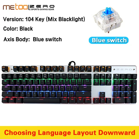 Metoo Edition Mechanical Keyboard 87 keys 104keys Blue Switch Red Switch Gaming Keyboards for Tablet Desktop Russian sticker - Цвет: 104Black Blue Switch