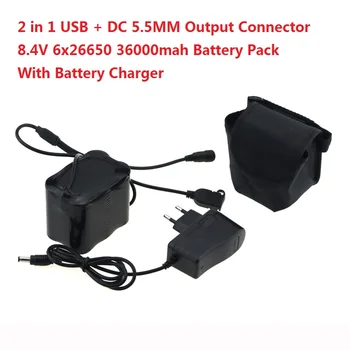 

USB+DC Port Bike Light 36000mAh 26650 Battery Pack 8.4V 6x26650 Battery Power for SolarStorm X2 X3 T6 Lamps + Battery Charger