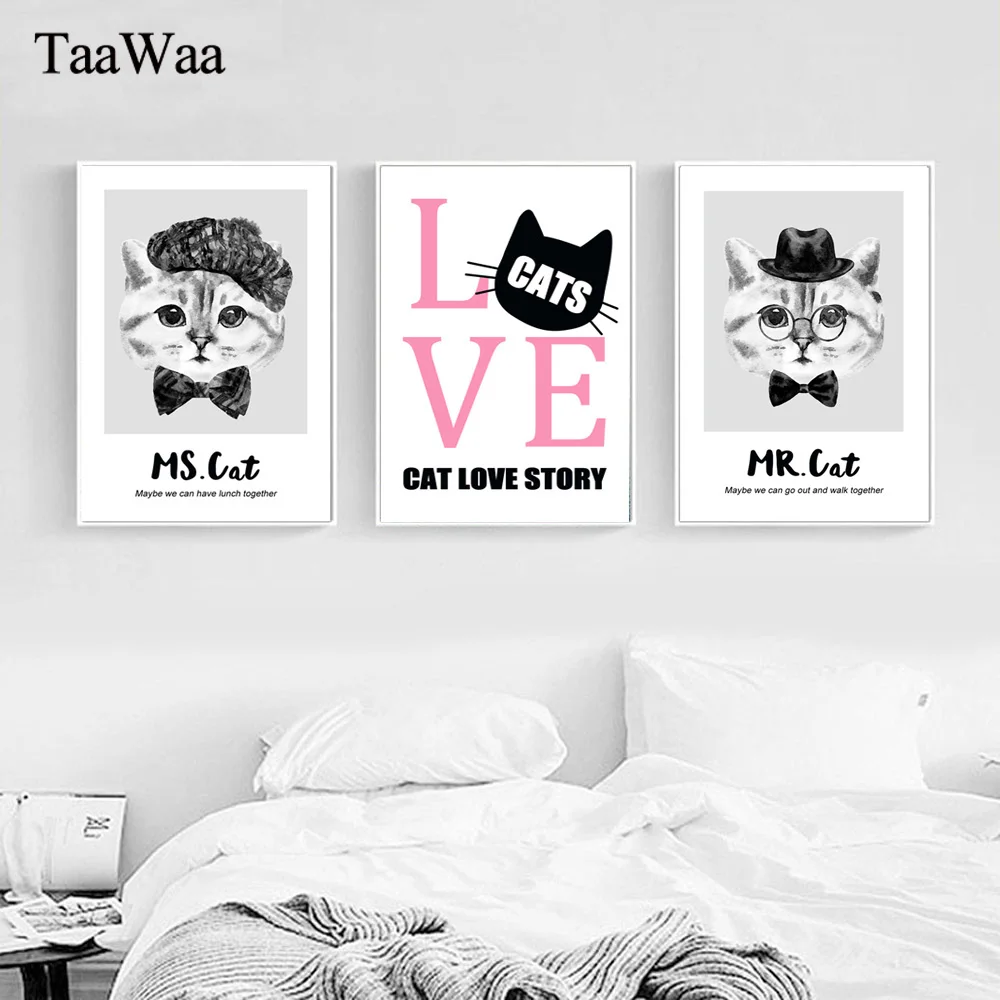 

TAAWAA Cat Love Quote Posters and Print Nordic Animals Black and White Wall Art Canvas Abstract Painting Picture for Living Room