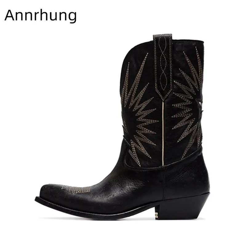 

Sewing Mid-Calf Boots Women Chunky Block Heel Western Booties Fashion Slip On Botas Black White Genuine Leather Short Bota Mujer