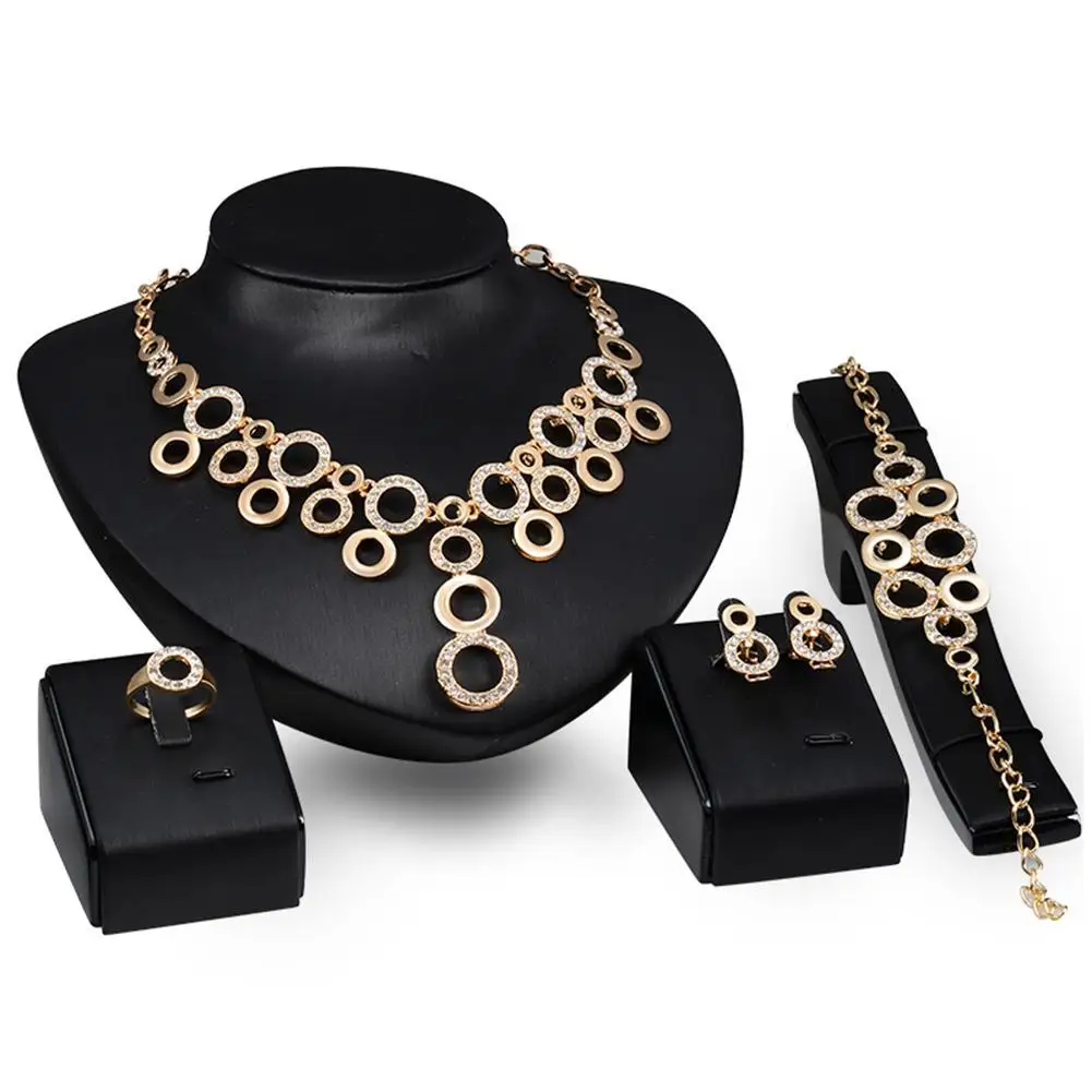 New Fashion Costume Jewellery Women Big Necklace Bracelet Rings Earrings Set Gold Platin Jewelry Sets