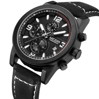 

Megir Top Brand Fashion Men Luxury Brand Quartz Watches Chronogragph Clock Leather Band Army Military Sport Wrist Watches