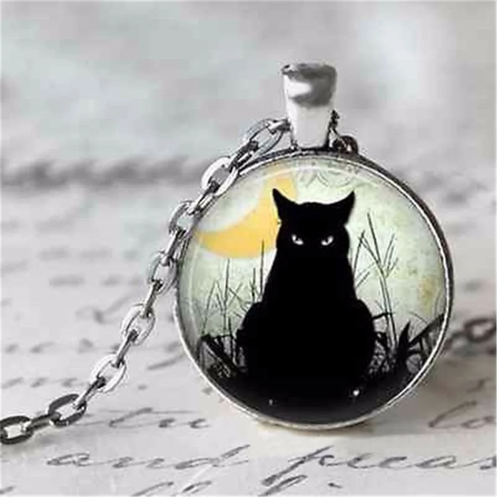 Velishy Cat Pendant Necklace Glass Cabochon Silver Bronze Chain