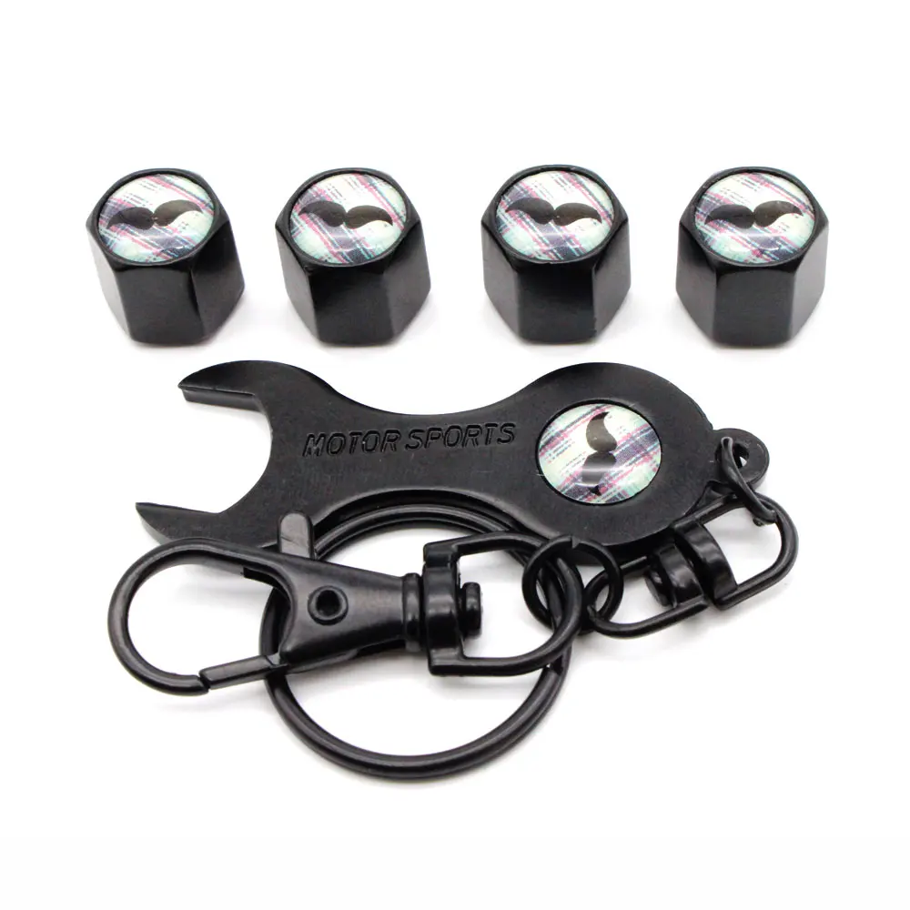 

5Pcs/Set Mustache Style Anti-theft Emblem Auto Car Wheel Tire Air Valve Caps With Wrench Keychain Zinc Alloy Stem Dust Cover Acc