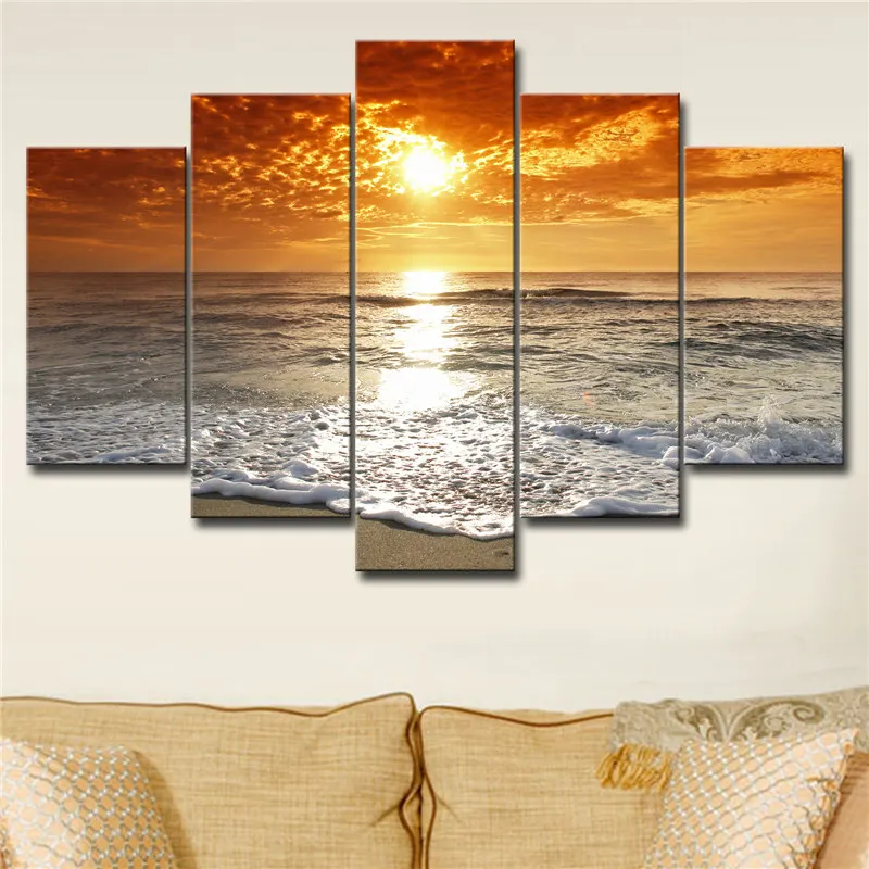 

5 Panels Waterproof Canvas Painting Sunrise Beach Seascape HD Print Home Wall Hanging Art Oil Prints Pictures Modular Poster