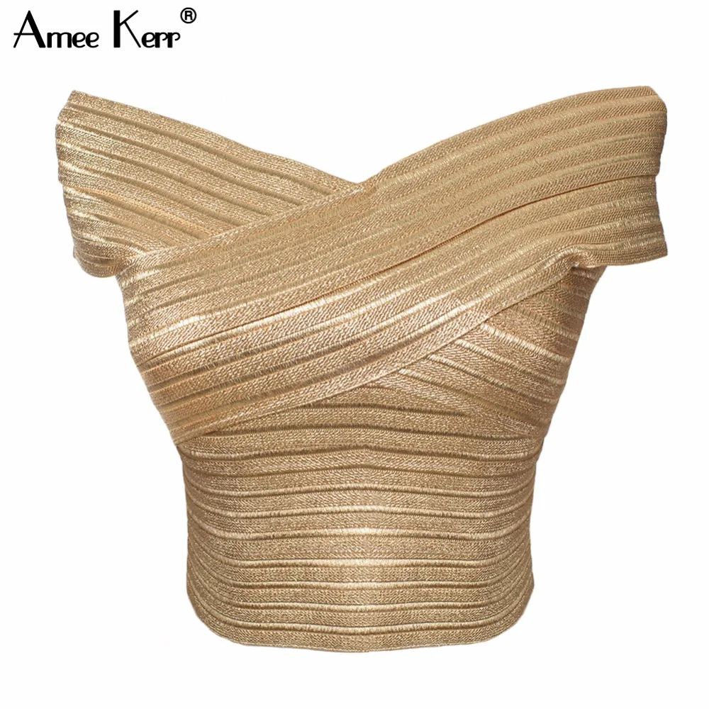 

Amee Kerr Gold Bandage Slash Neck Sleeveless Back Zipper Crop Top Women's Vest Bralet Celeb Top Camis Plus Size