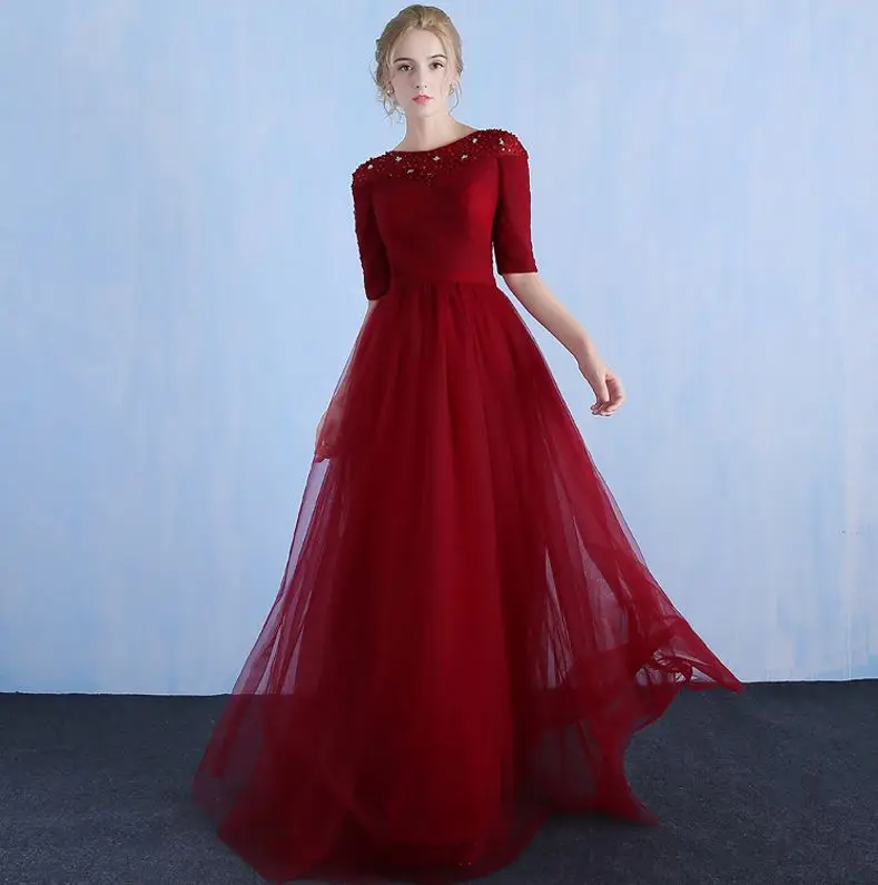 burgundy Свадебные платья invitada mujer2019 новые тюлевые хрустальные полурукава сзади A Lina бирюзовые Бордовые Платья для подружки невесты длинные красивые - Цвет: burgundy