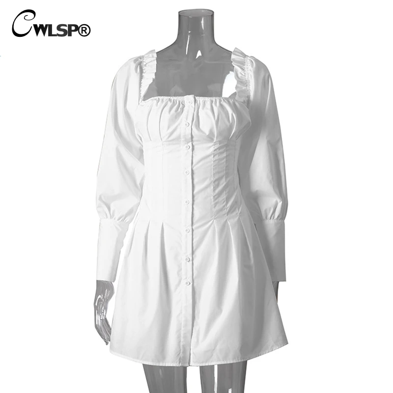 CWLSP otoño blanco Mini vestidos mujeres Slash Neck manga larga imperio Vestido botón una línea lechuga-borde ropa mujer 2018 QL4108 CWLSP otoño blanco Mini vestidos mujeres Slash Neck manga larga imperio Vestido botón una línea lechuga-borde ropa mujer 2018 QL4108